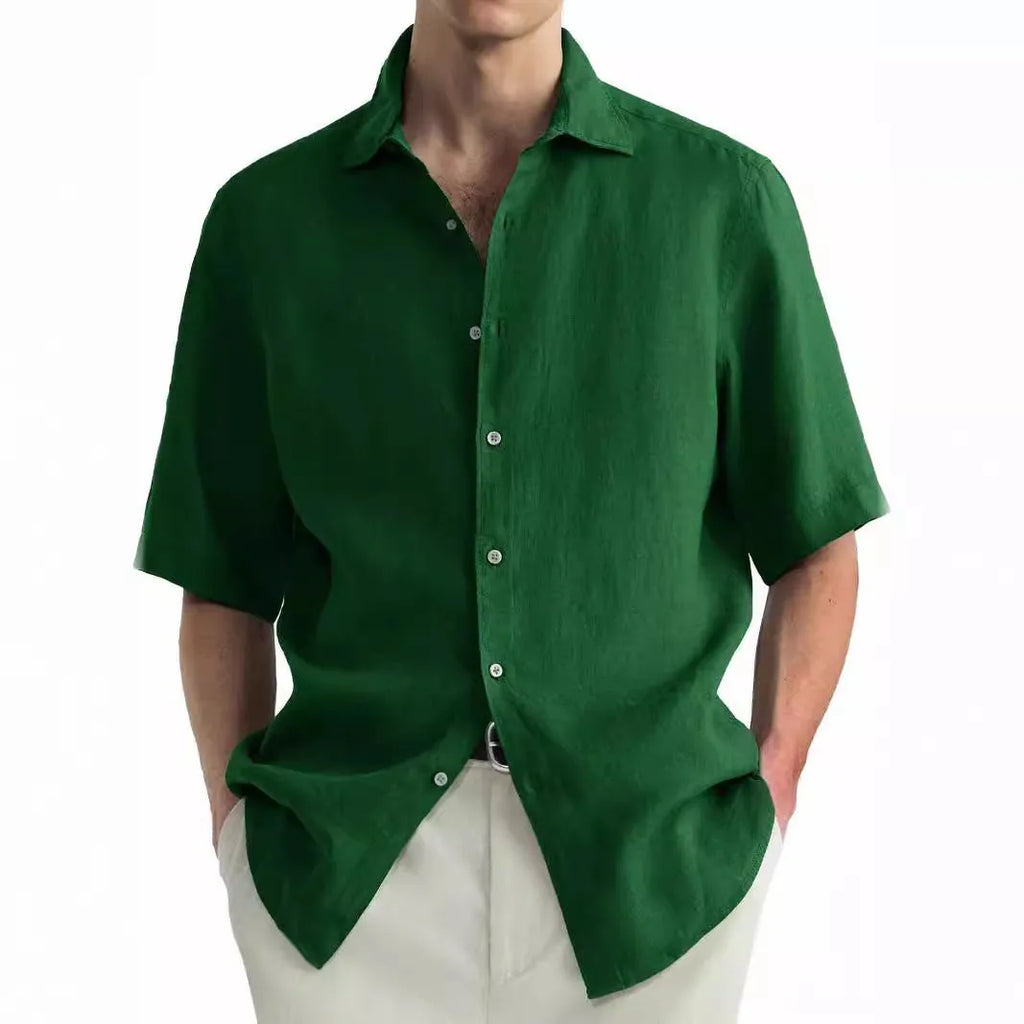 Men's green pure cotton casual shirt in cardigan style showing regular fit and washed cotton texture