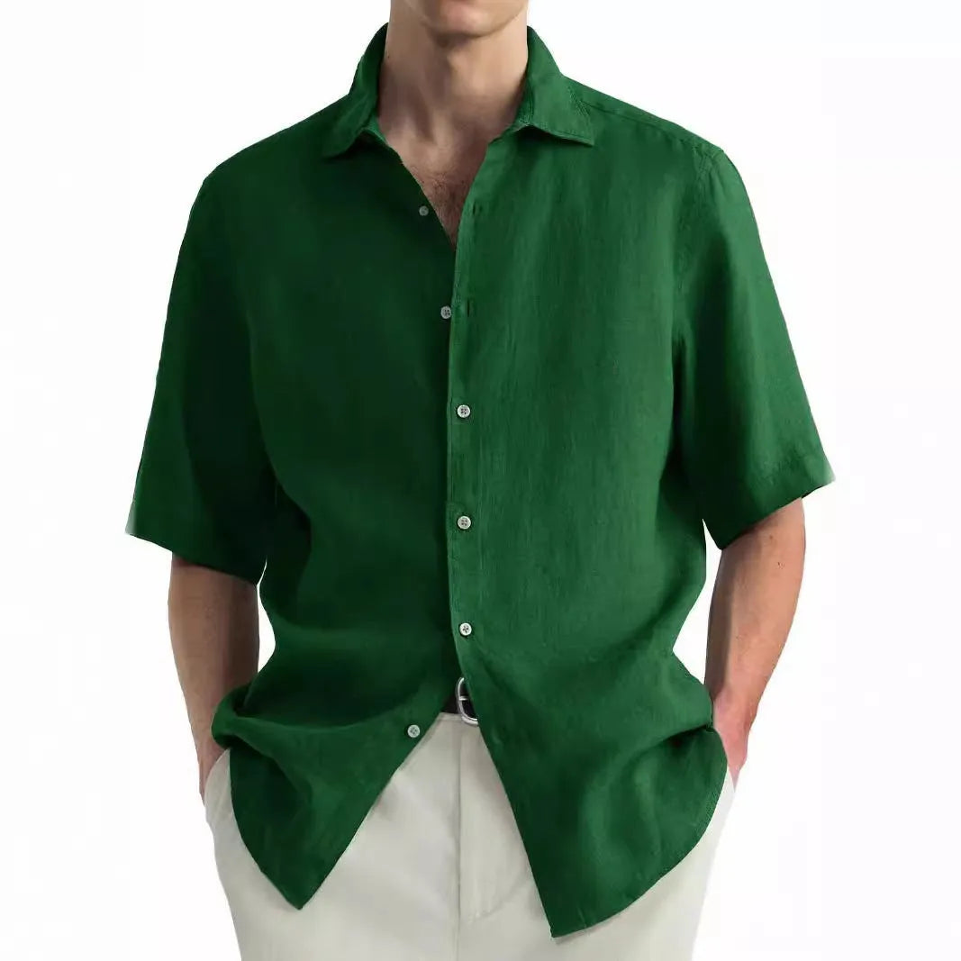 Men's green pure cotton casual shirt in cardigan style showing regular fit and washed cotton texture