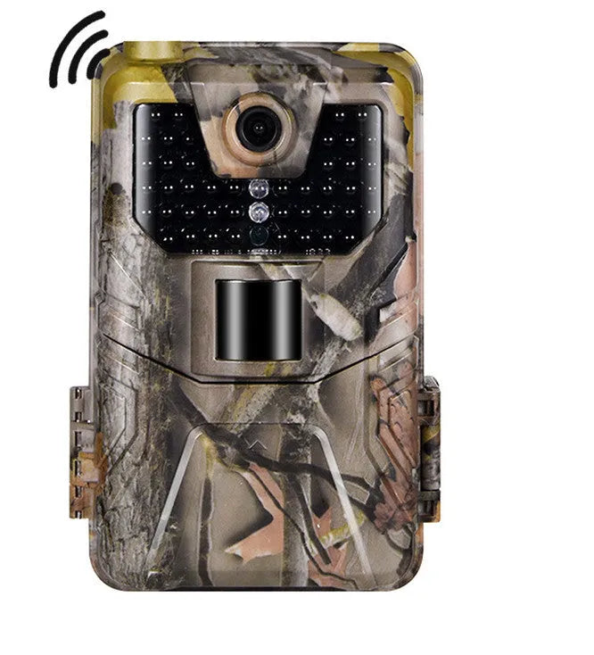 Compact camouflage infrared hunting camera with lens and infrared LEDs visible.