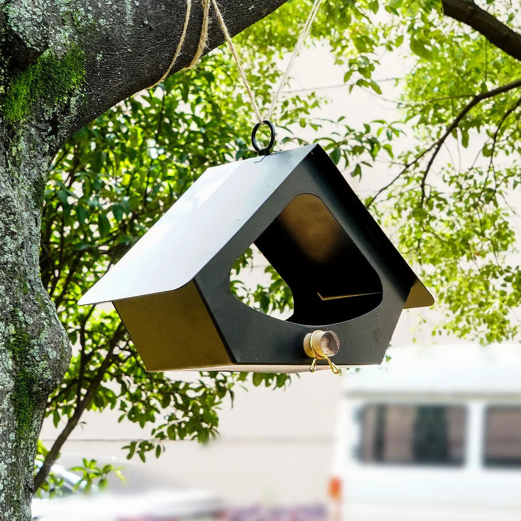 European-style iron bird nest feeder with anti-rain roof in modern simple design for garden decoration.