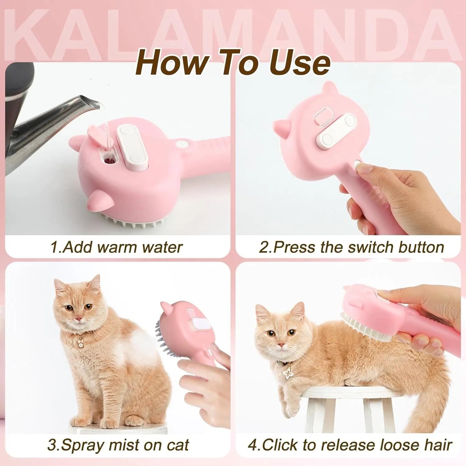 Blue cat steam brush with ergonomic handle, soft rubber teeth, and release button for pet grooming
