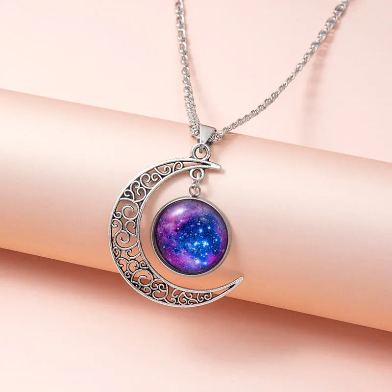 Silver hollow moon pendant necklace with glass star on Figaro chain 40cm women