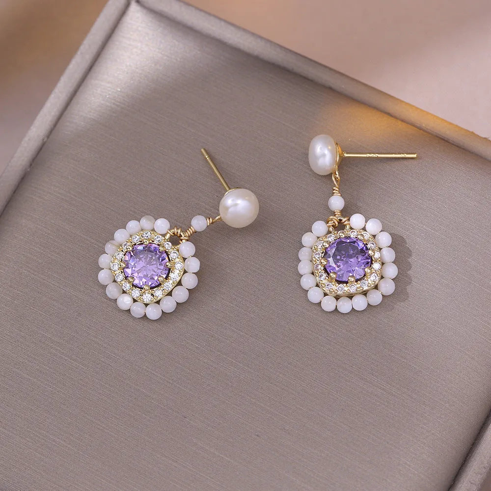 Natural freshwater pearl flower earrings with diamond treatment in purple and pink colour options for women