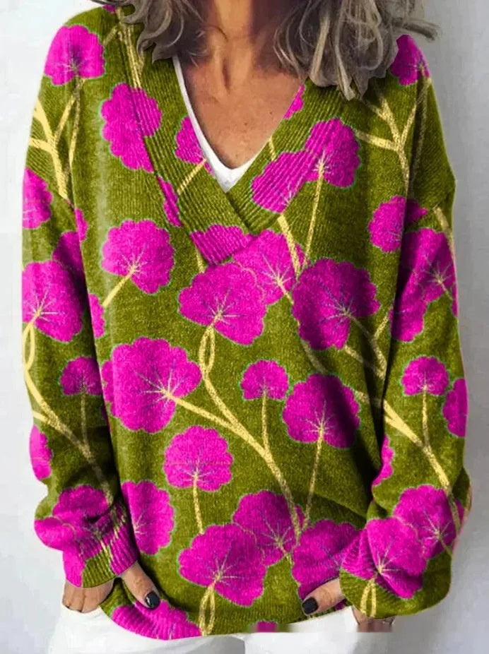 Women's grey 3D floral print sweatshirt with V-neck and long sleeves on a hanger