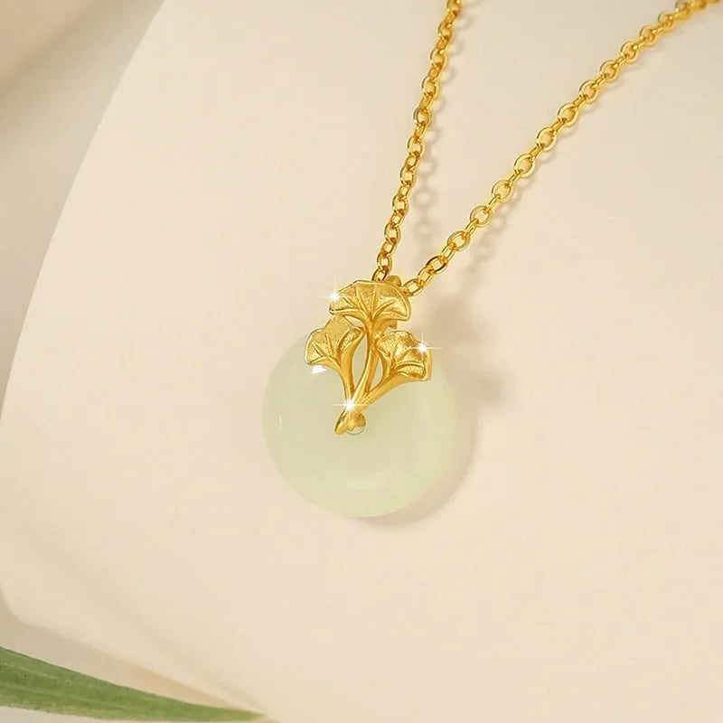 Gold 925 silver ginkgo leaf pendant necklace with peace buckle on adjustable 41-50cm cross chain