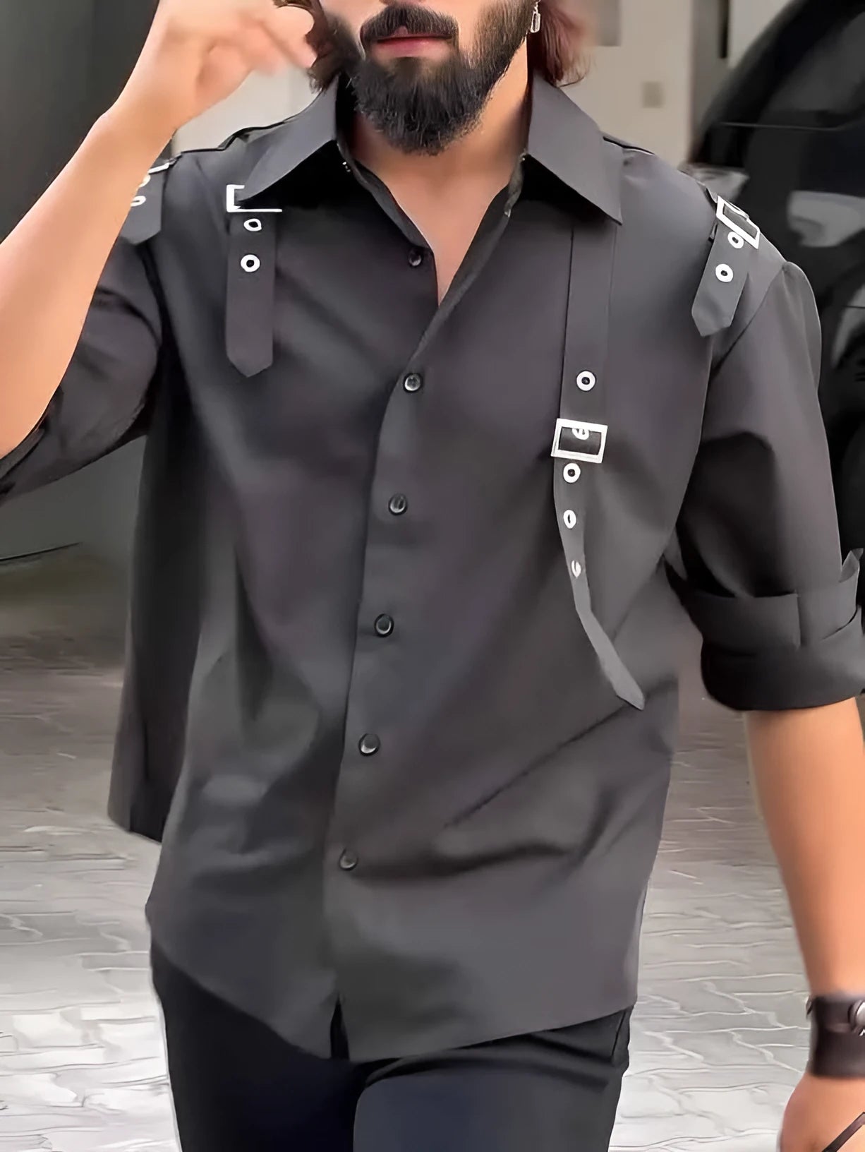 Men's black utility-style button-up long sleeve polyester shirt on a hanger.