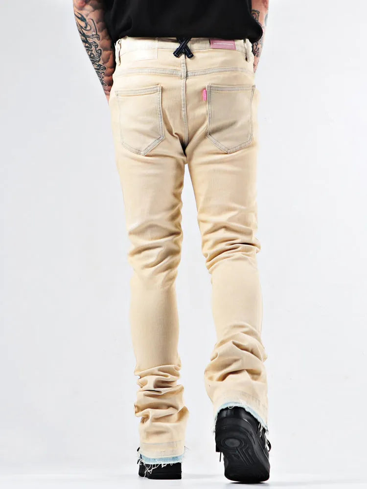 Elastic Youth Heavy Duty Flare Jeans in apricot colour, cotton stretch denim, medium high waist, stone washed finish