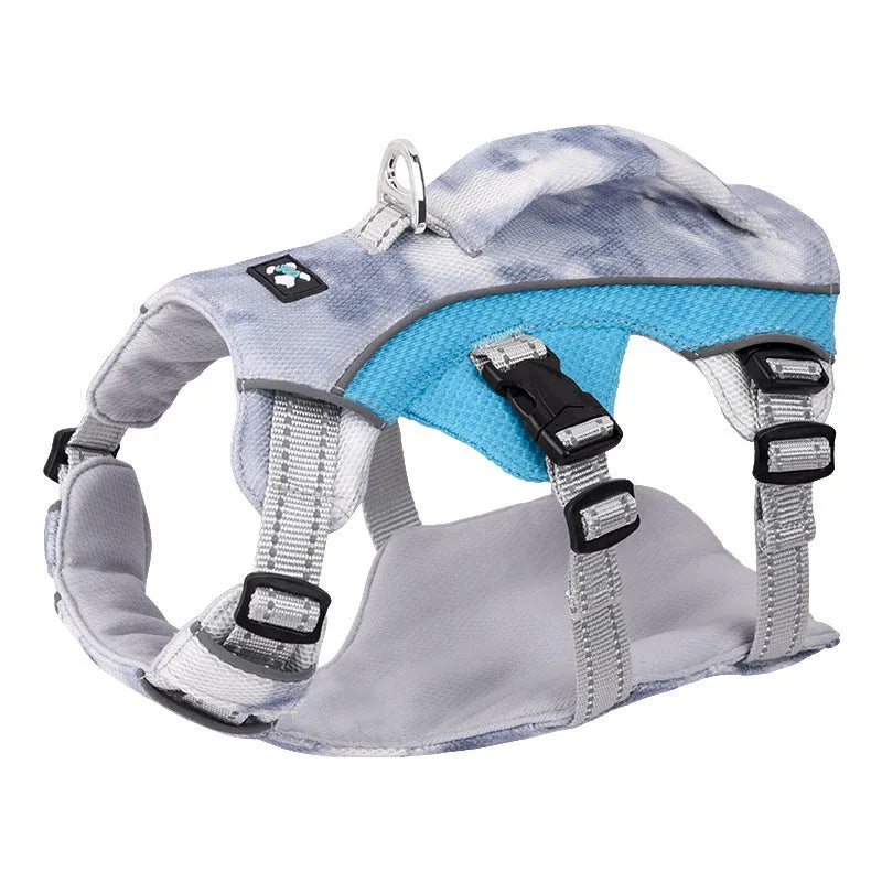 Reflective light blue dog cooling chest strap made of polyester fabric on a dog.