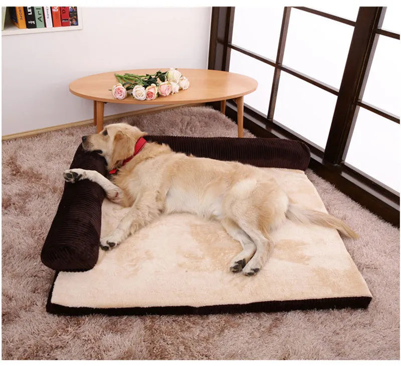 Corduroy dog bed with sponge padding on non-slip base in grey colour