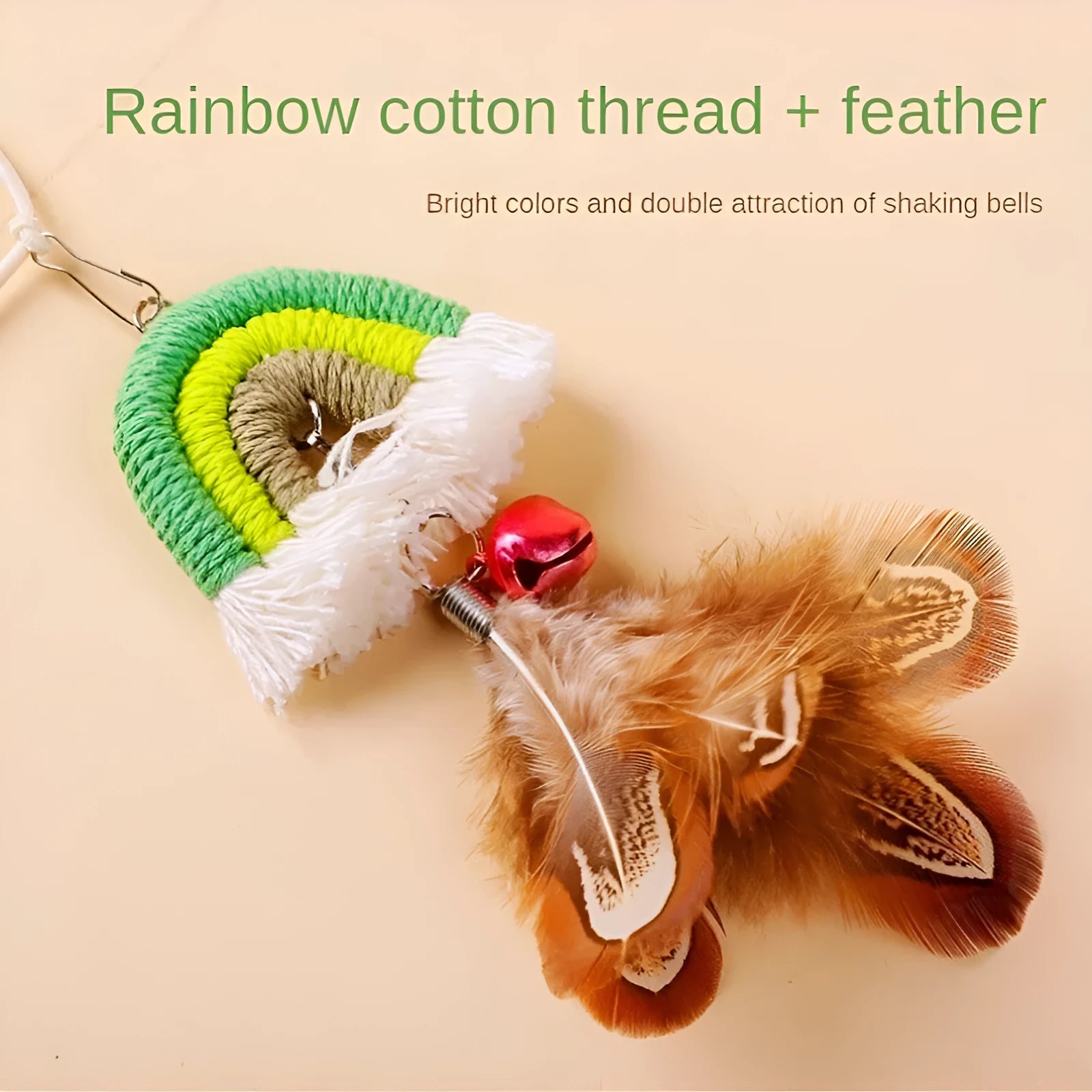 Blue feather cat toy hanging from door with elastic rope and sticky buckle clamp for interactive play