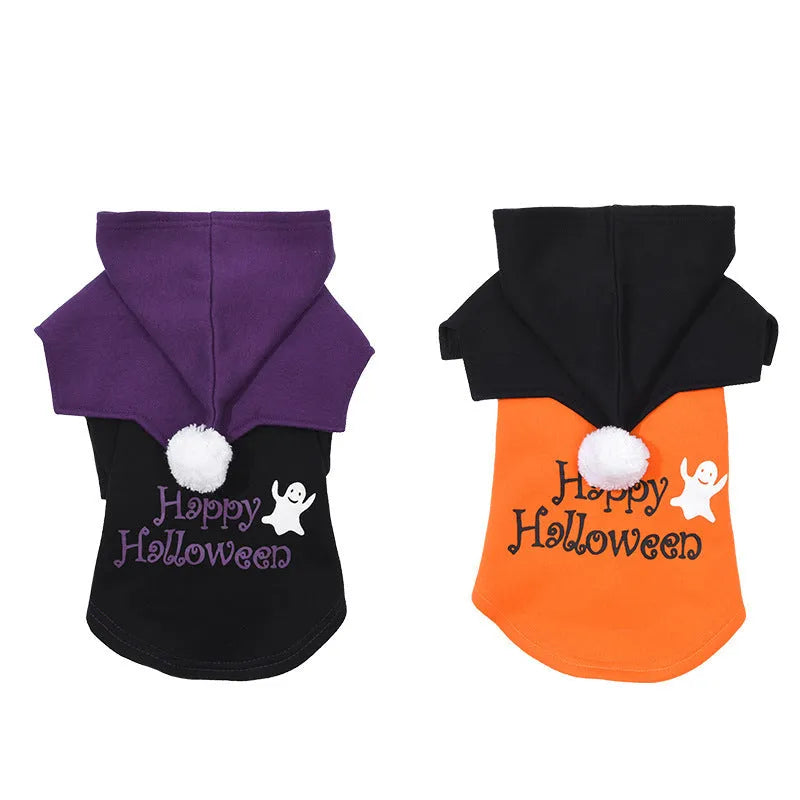 Black and orange Halloween pumpkin print two-piece dog clothes set with sweater and shawl