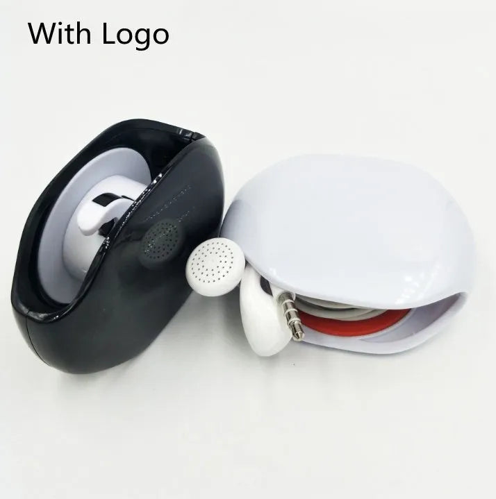 Automatic earphone cable retractor winder in a compact plastic storage box.