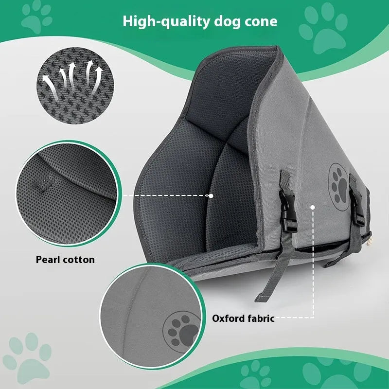 Soft adjustable pet sterilisation collar in sizes L, M, XL shown on a dog.
