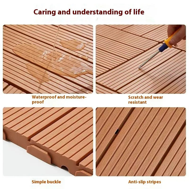 Pack of ten wood grain patterned plastic floor tiles showing 300x300mm size and non-slip surface texture.