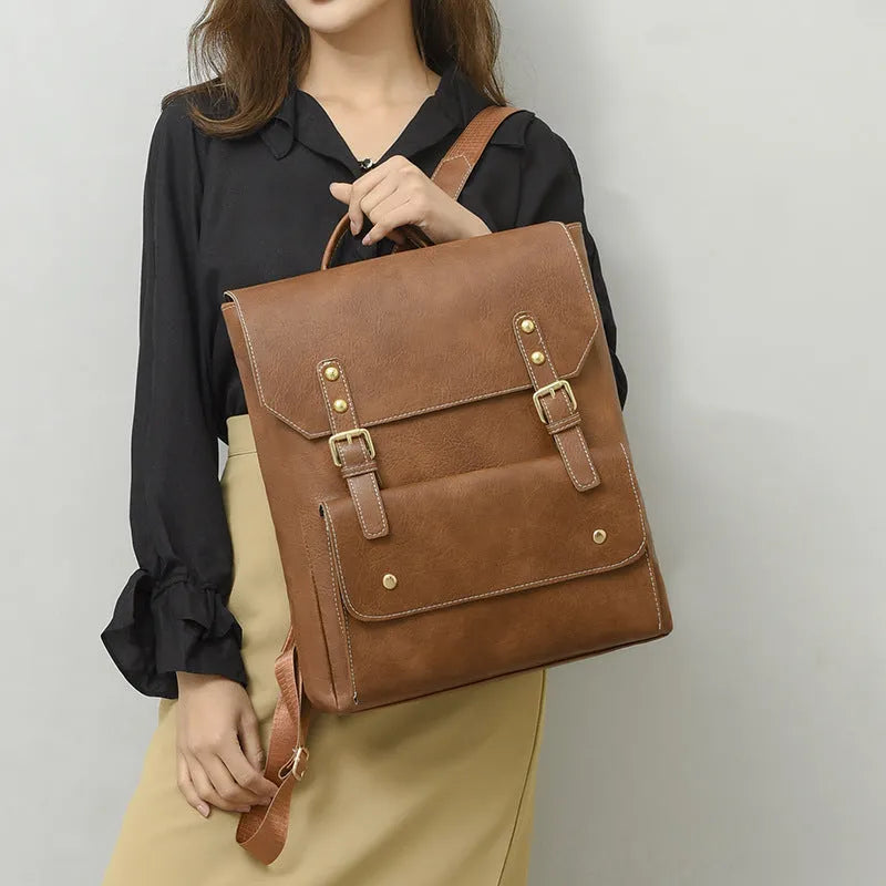 Korean style retro simple backpack in creamy white colour showing front view with zipper details