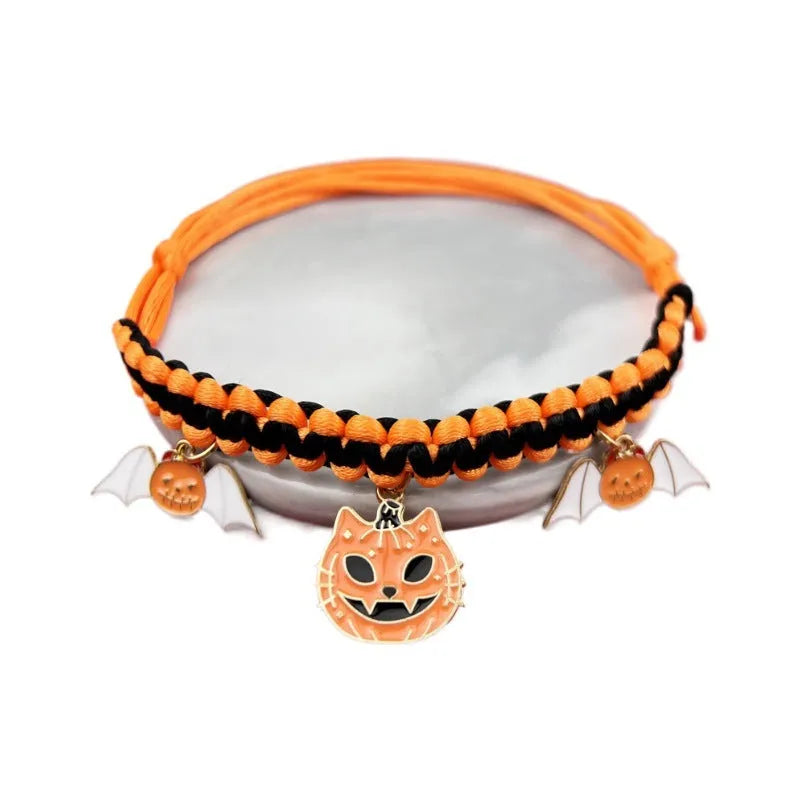 Zinc alloy hand-woven Halloween pet collar with geometry pattern, adjustable 15-38cm, black and orange pumpkin bat style