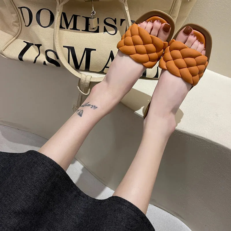 Women's plaid pattern beach sandals with thick anti-skid PVC sole, shown in white, green, orange, and black colours.