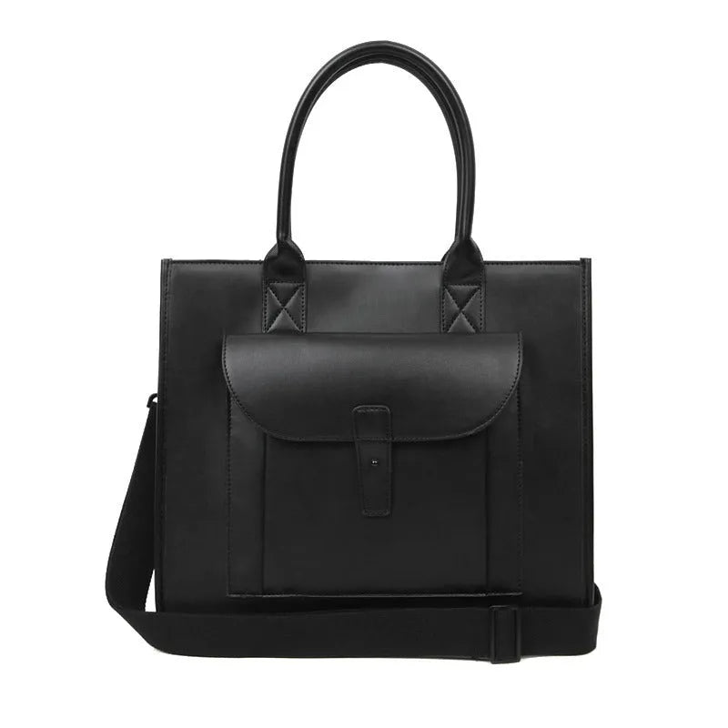 Men's PU leather shoulder messenger bag in solid black with vertical square shape