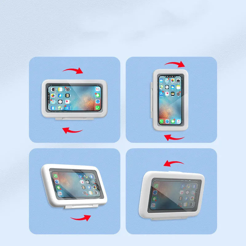 Bathroom waterproof phone case in Crescent White showing sealed touch screen and anti-fog window mounted on a tiled wall
