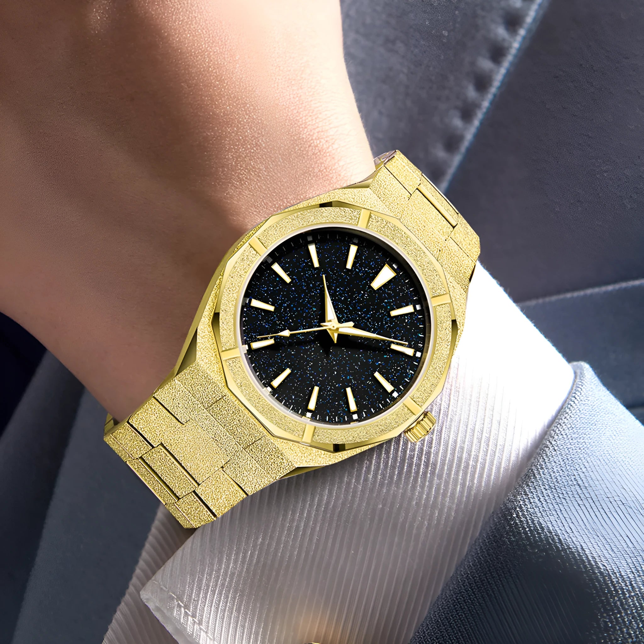 Men's frosted stainless steel business watch with luminous markers on black strap.