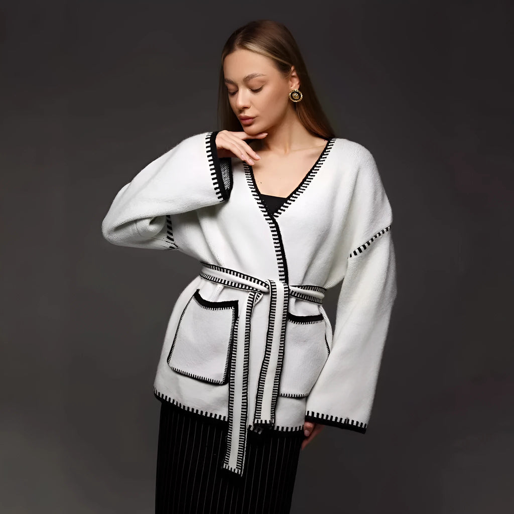 Lace-up front knitted cardigan in black camel or white colours with loose fit and long sleeves