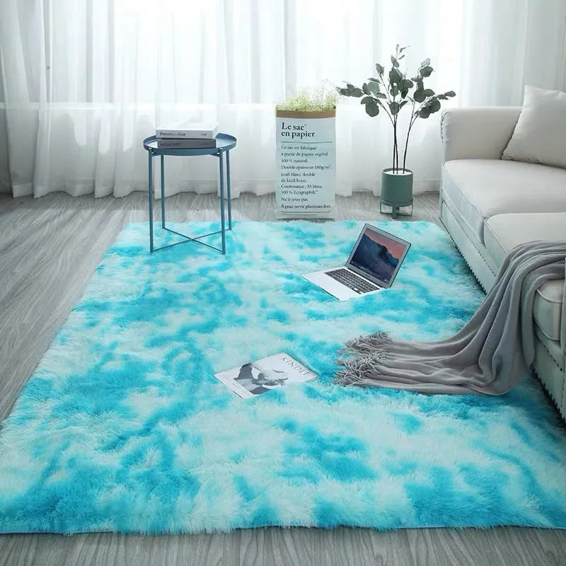 Long hair tie-dyed gradient polyester carpet in a living room setting showing soft texture and colour transition