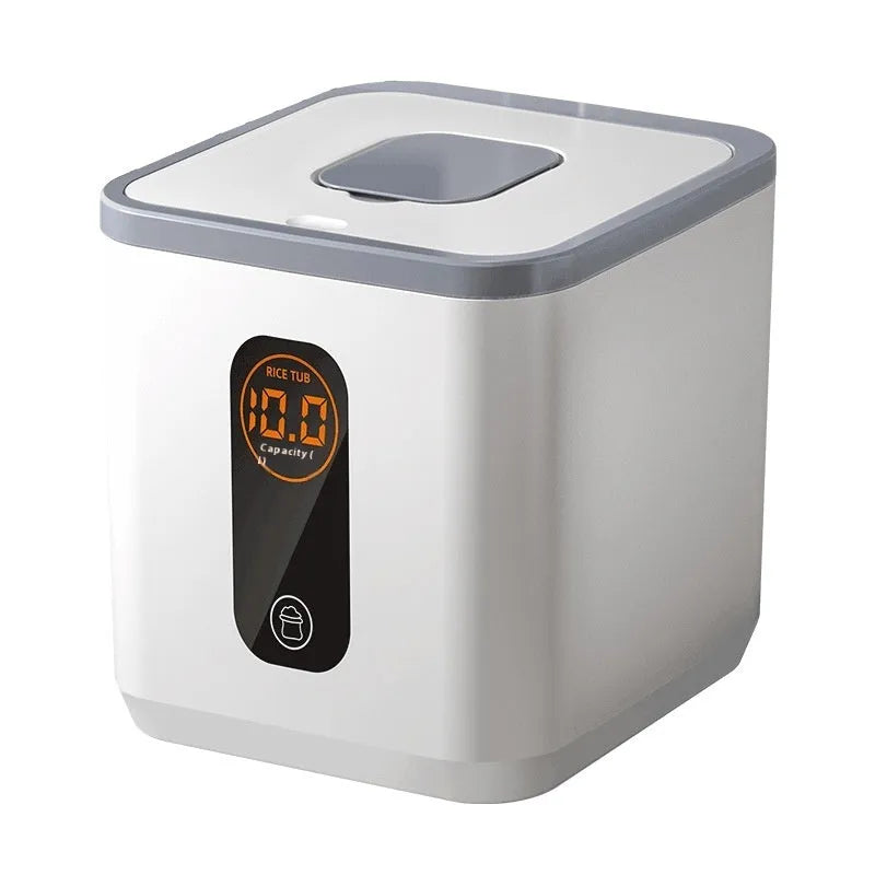 Grey plastic rice storage jar with a sealed lid and a measuring cup