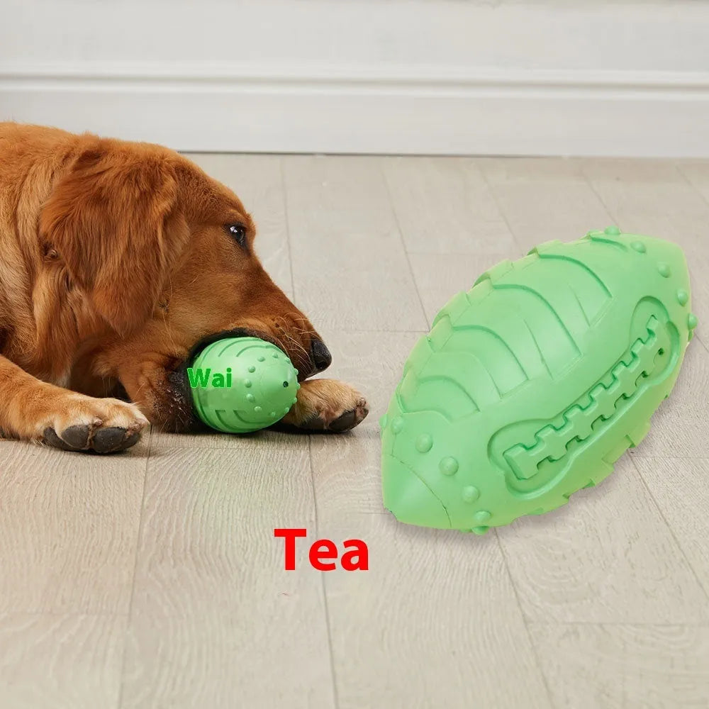 Light green and sapphire blue thickened rubber rugby ball dog toy with bite-resistant construction.