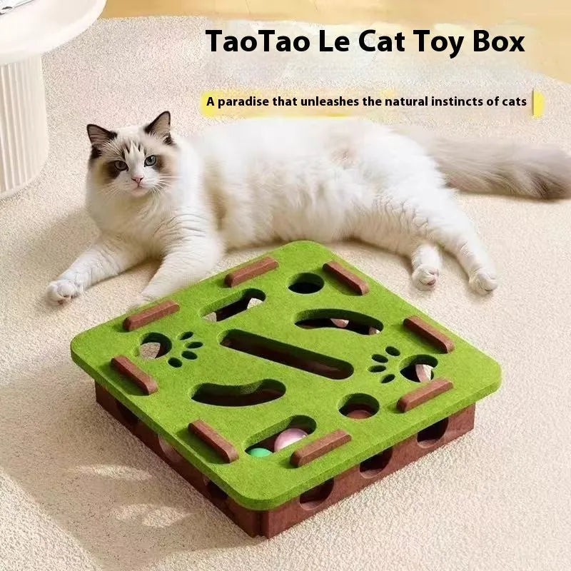 Square wool felt cat toy box with multiple cut-out holes in green brown colour