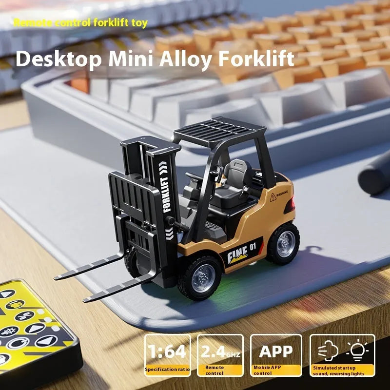1:64 scale alloy remote control forklift with Bluetooth connectivity and obstacle course accessories