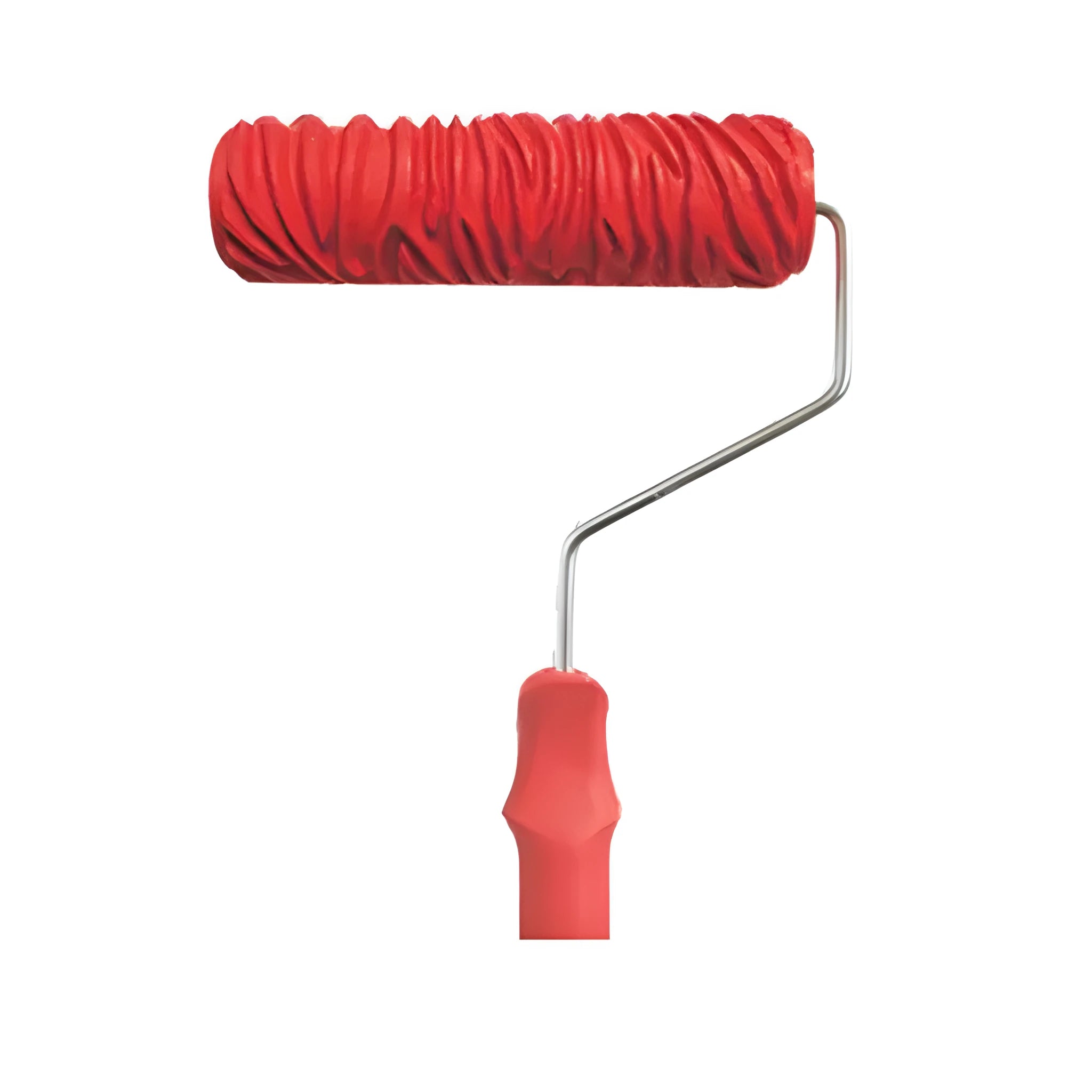 Red 7 inch paint embossing roller with patterned rubber head for textured wall effects