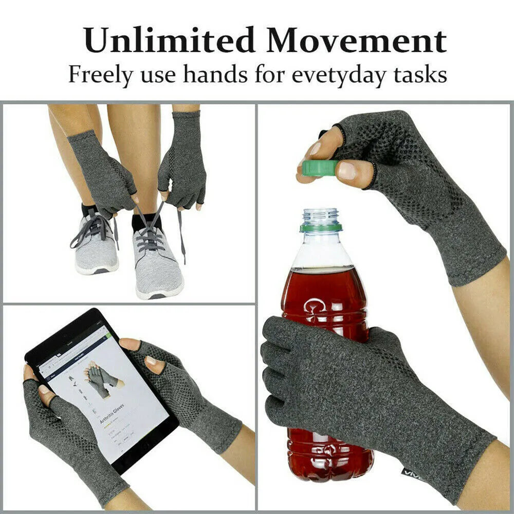 Grey fingerless compression glove with thumb hole, made from stretchy spandex fabric.