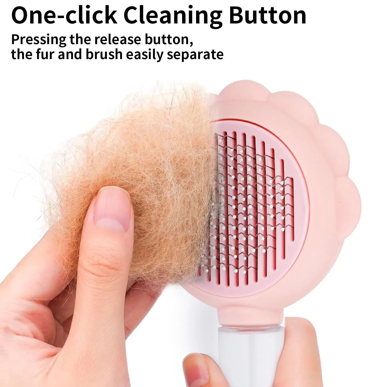 Grey spray cat grooming brush with release button and stainless steel bristles on a white background