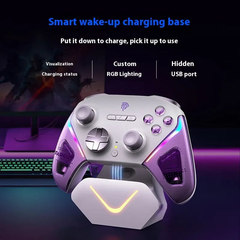Rocker game controller smart charging base in black, green, or purple colours showing type-C port.