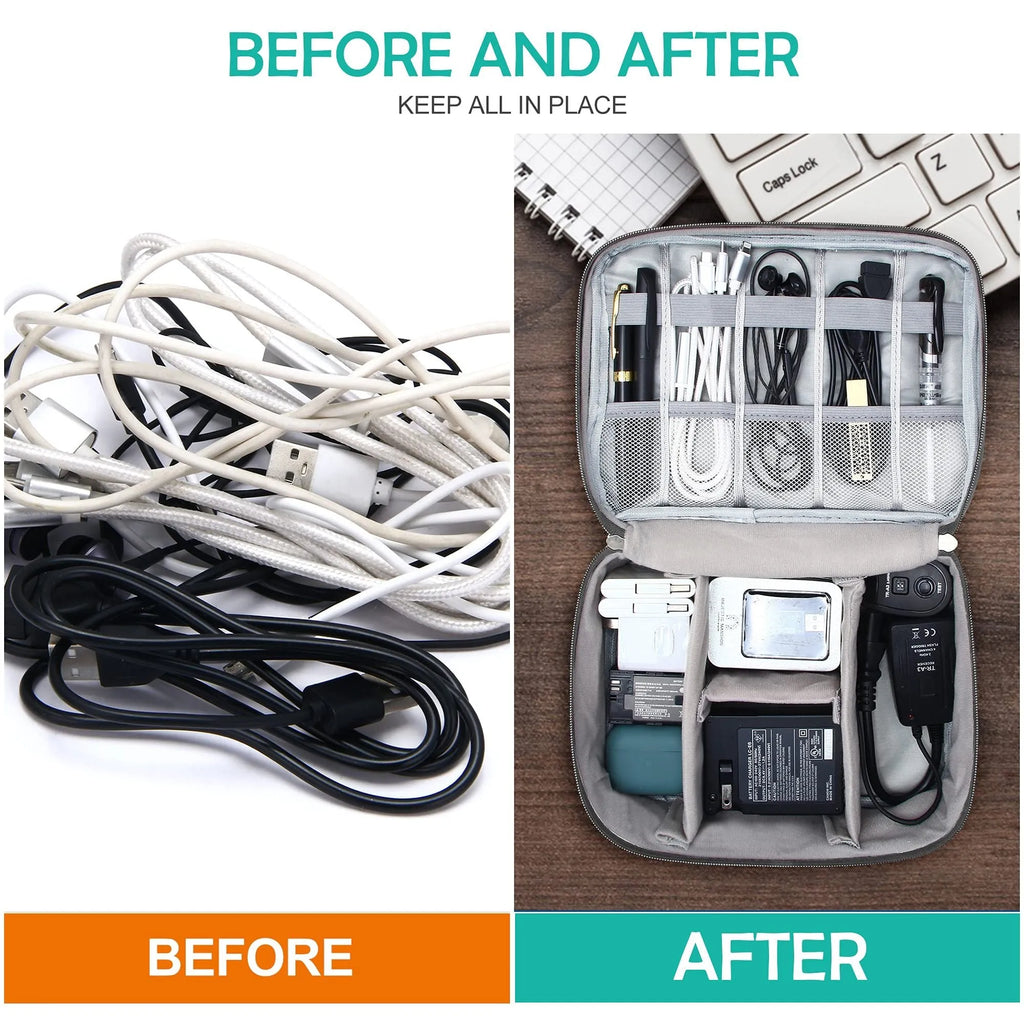 Black or grey waterproof travel cable organiser bag open to show mesh pockets and removable padded dividers.