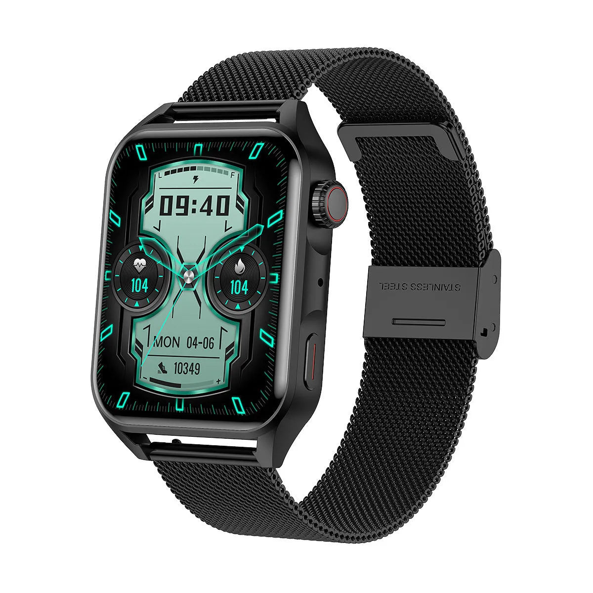 Smart watch with AMOLED screen showing multiple watch faces, NFC symbol visible, magnetic charger attached