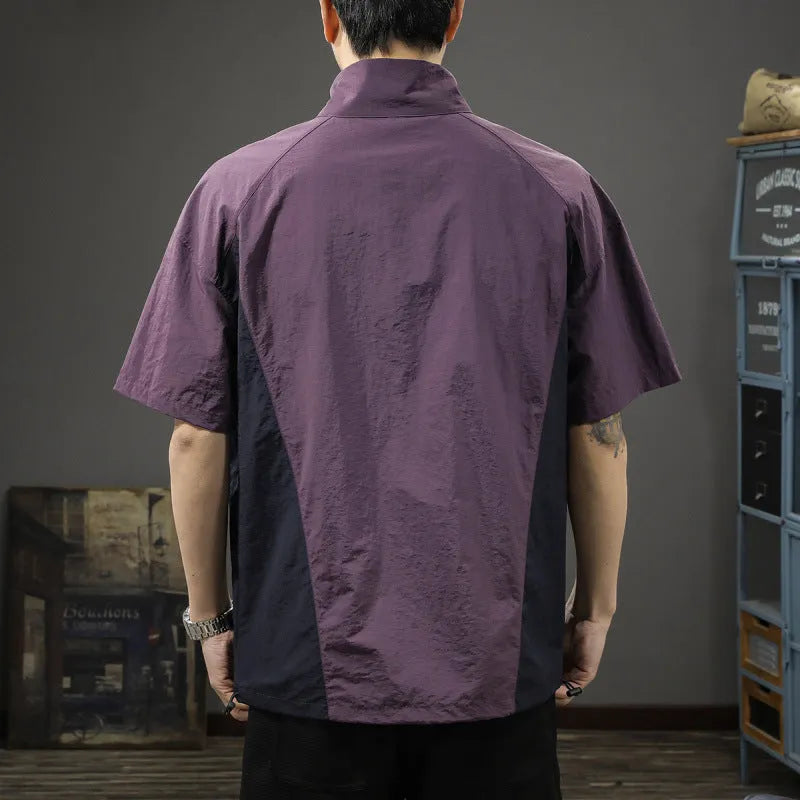 Men's brown half zip stand collar shirt with short sleeves and loose fit
