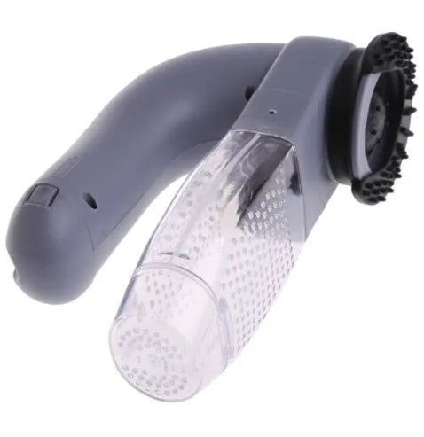 Grey portable electric pet hair vacuum cleaner with soft rubber head for dogs and cats.