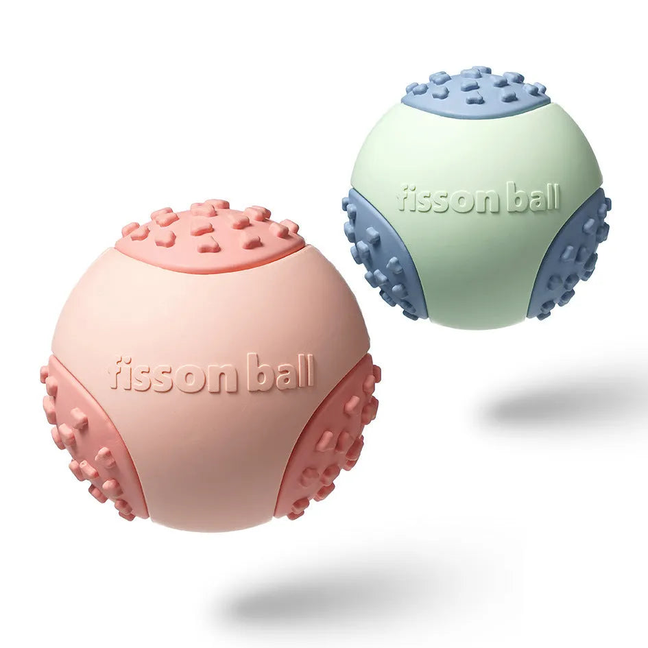 Green and pink 64mm diameter rolling ball dog toy for small and medium breeds