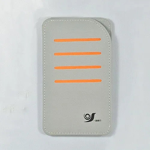 Set of four grey car sun visor card holder tablets next to a vehicle-mounted storage bag.