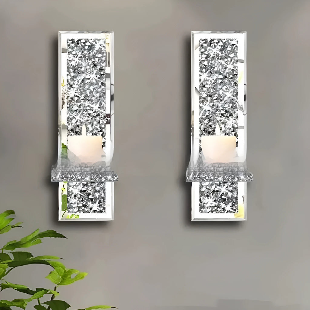 Pair of silver crystal glass wall mounted candle holders in modern minimalist style