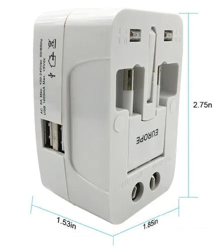 Universal travel plug adapter with USB port for international mobile charging