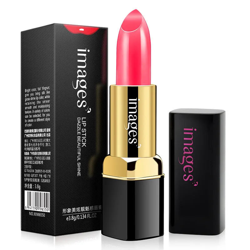 Moisturising lipstick in a case showing one of ten colours, including coral red, bright orange, and baby pink.