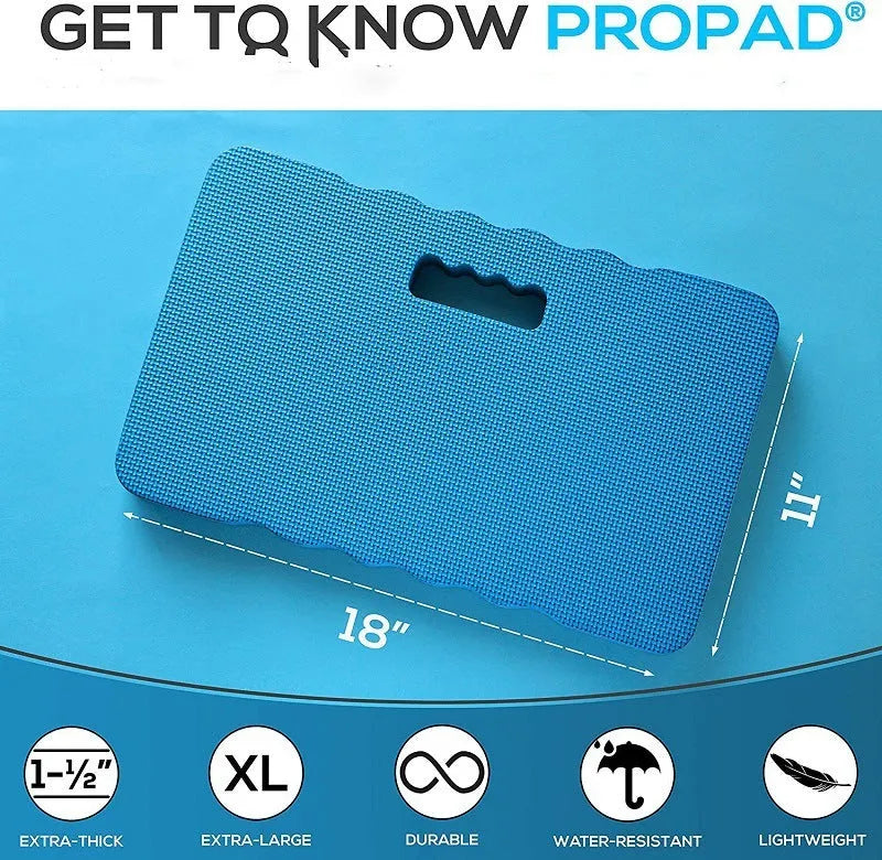 Blue EVA foam garden kneeler pad on grass, showing dimensions for outdoor kneeling.