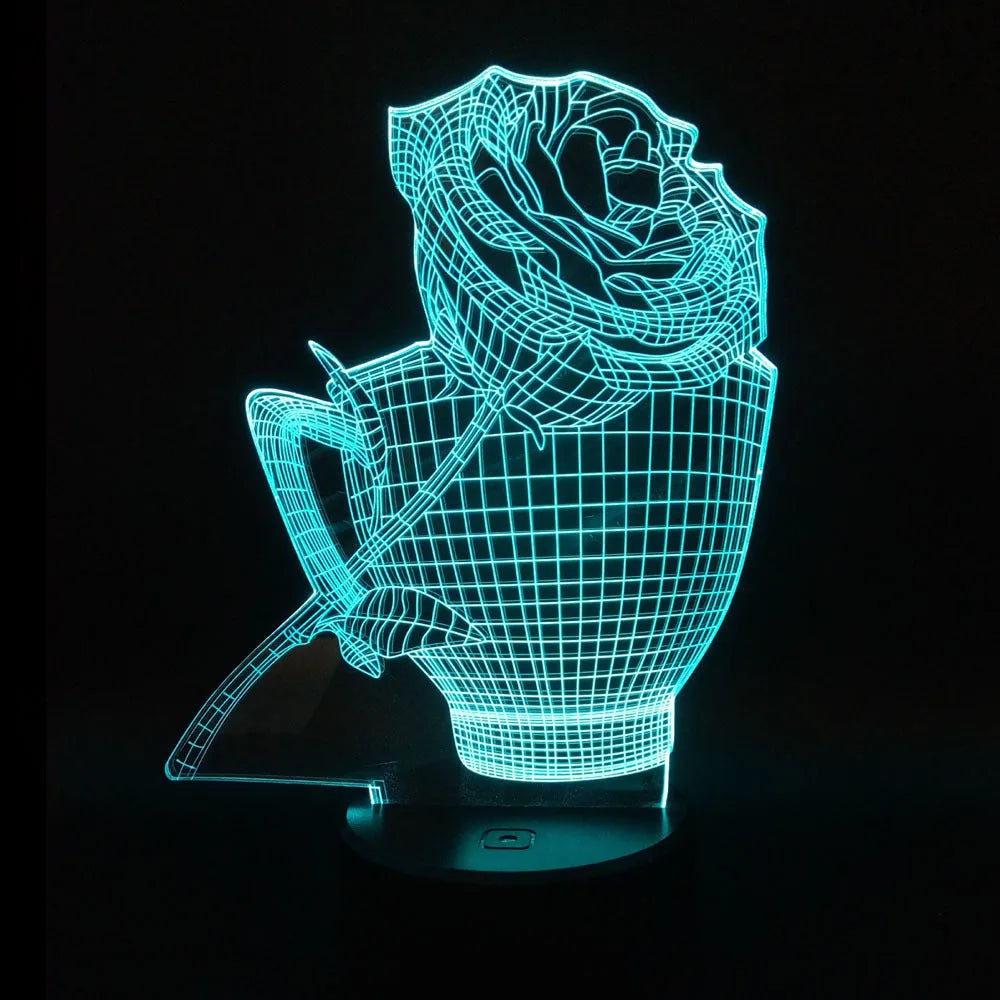 3D rose flower shaped night light with remote control on a table.