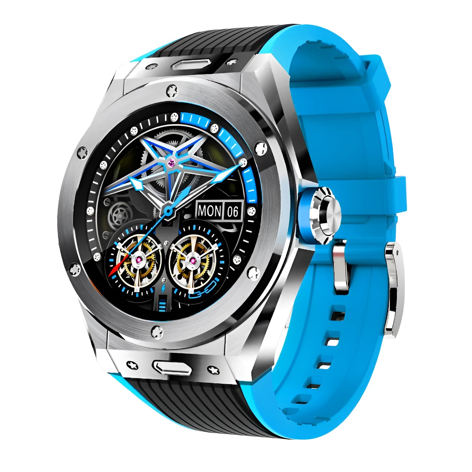 mv58 smart watch in black with Bluetooth calling, heart rate monitor, and silicone sport strap on wrist