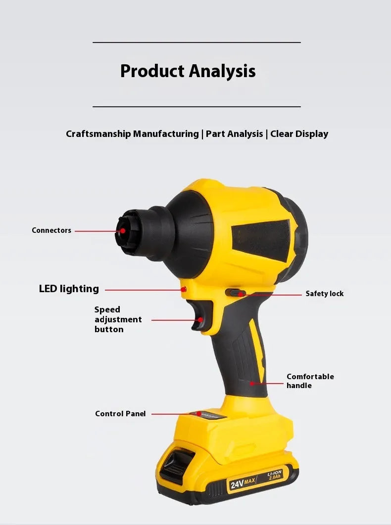Yellow portable lithium battery dust gun with accessories for office and household cleaning
