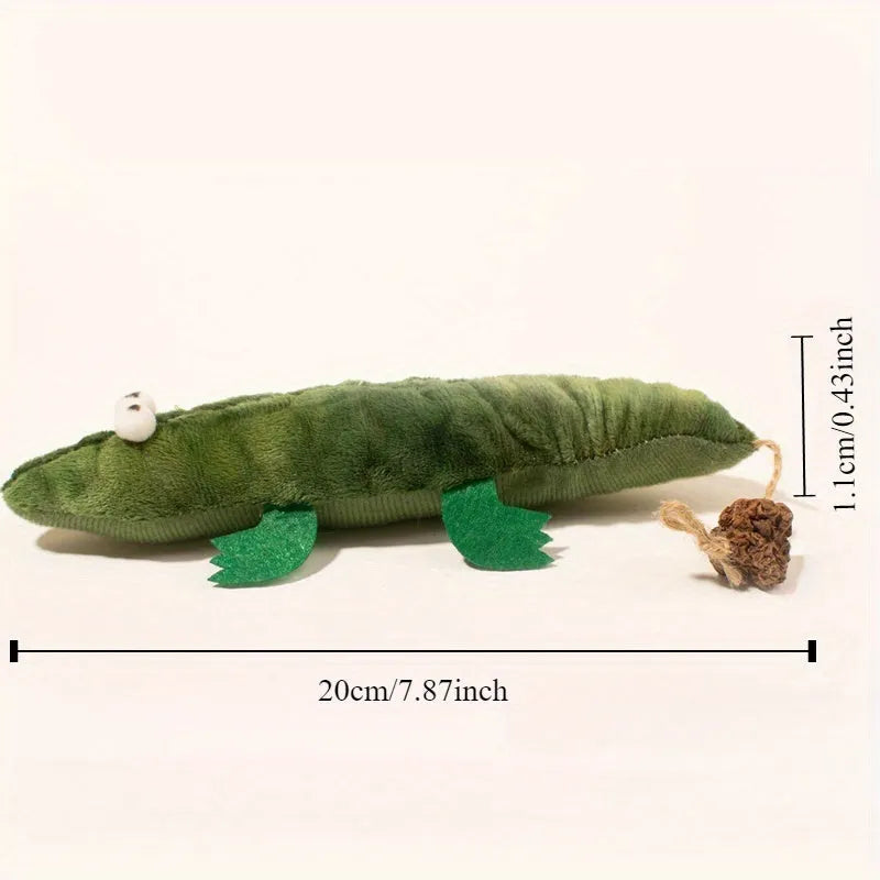 Green plush alligator cat toy measuring 50 cm with catnip and peppermint scent