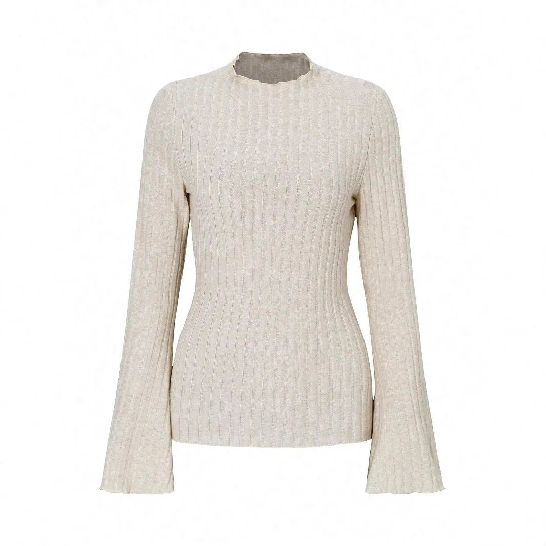 Long sleeve round neck top in black with sunken stripe pattern and lantern sleeves