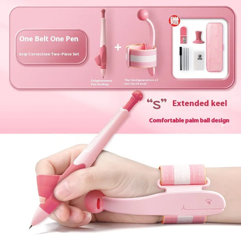 Blue Anti-hook Holder Pen Control Corrector wrist brace on a hand holding a pencil.